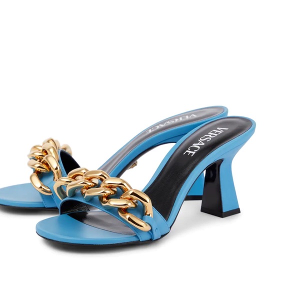 VERSACE Curb LinkBlock Heel Leather Mules - Picture 3 of 14